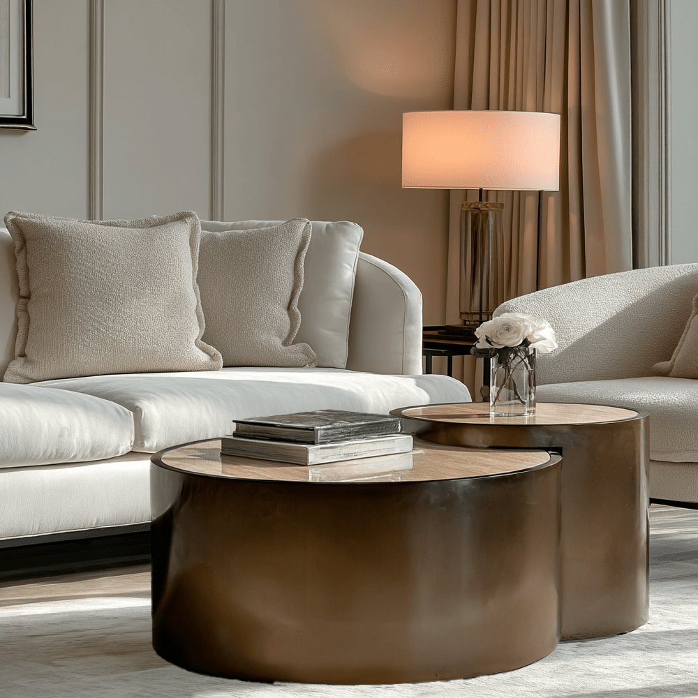 Bronze Couchtische im Nesting-Design mit Platte in Travertin-Optik