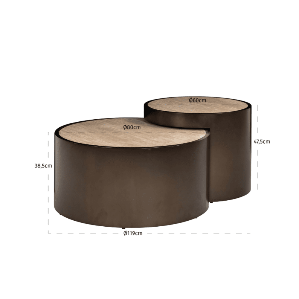 Bronze Couchtische im Nesting-Design mit Platte in Travertin-Optik