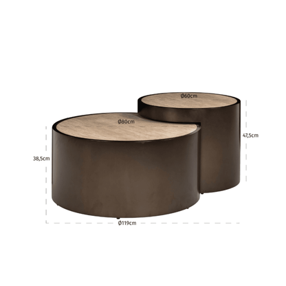 Bronze Couchtische im Nesting-Design mit Platte in Travertin-Optik