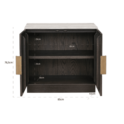 Tiefbraunes Sideboard mit 2 Türen und Travertinplatte