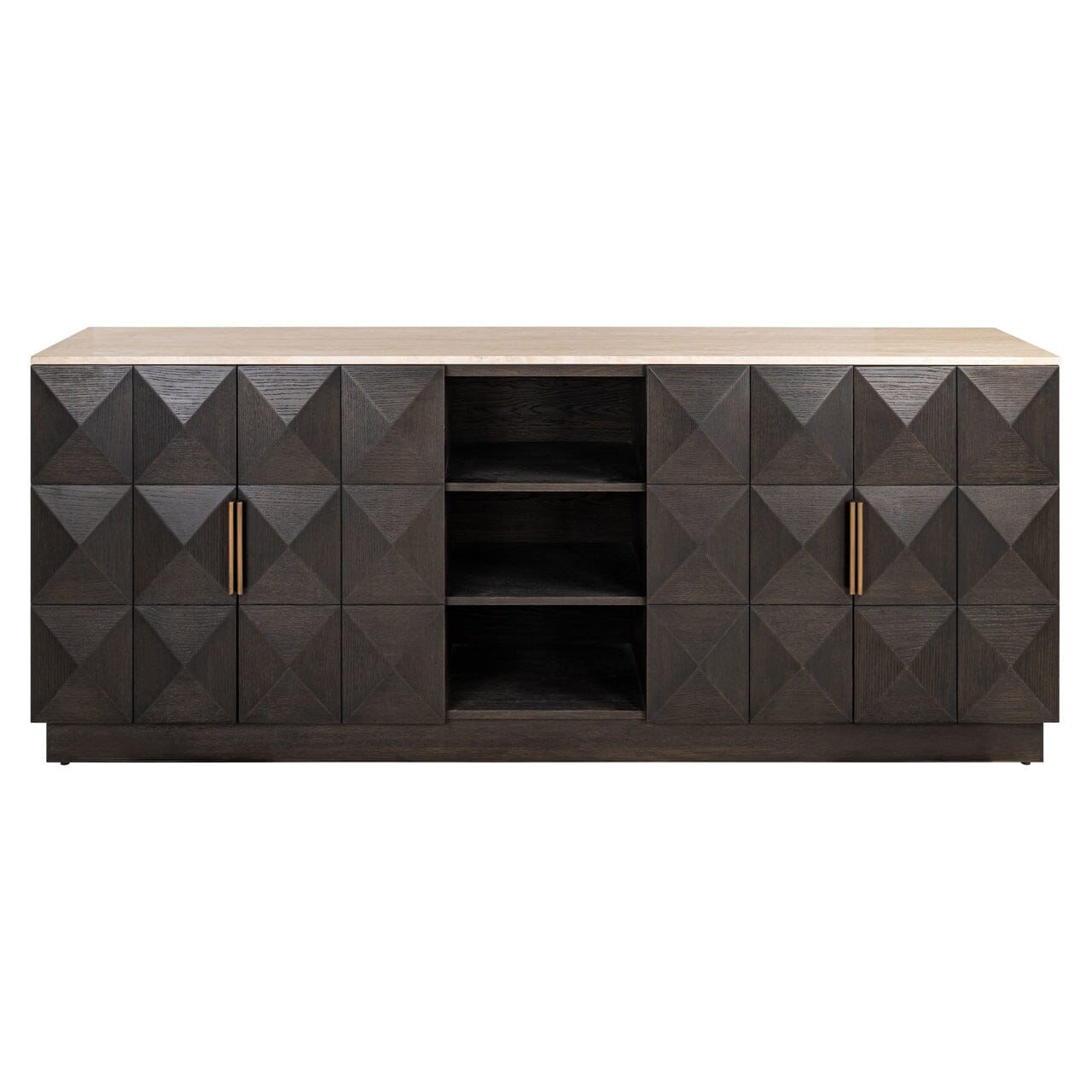 Dunkelbraunes Sideboard mit 4 Türen, Regalen und Travertinplatte