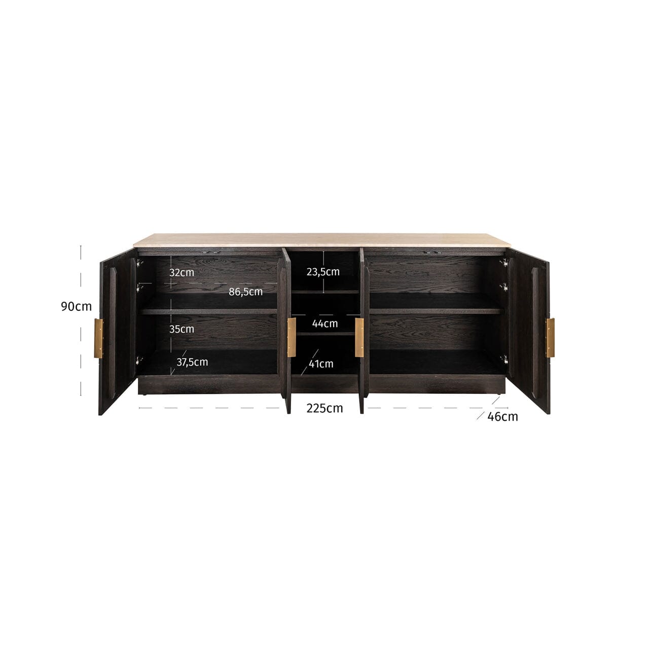 Dunkelbraunes Sideboard mit 4 Türen, Regalen und Travertinplatte
