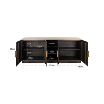 Dunkelbraunes Sideboard mit 4 Türen, Regalen und Travertinplatte