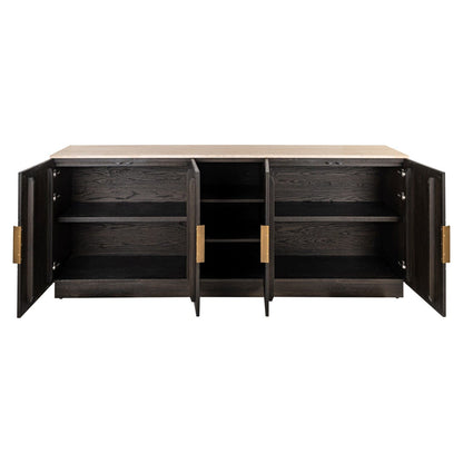 Dunkelbraunes Sideboard mit 4 Türen, Regalen und Travertinplatte
