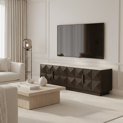 Tiefbraunes 4-türiges TV-Möbel mit Travertinplatte