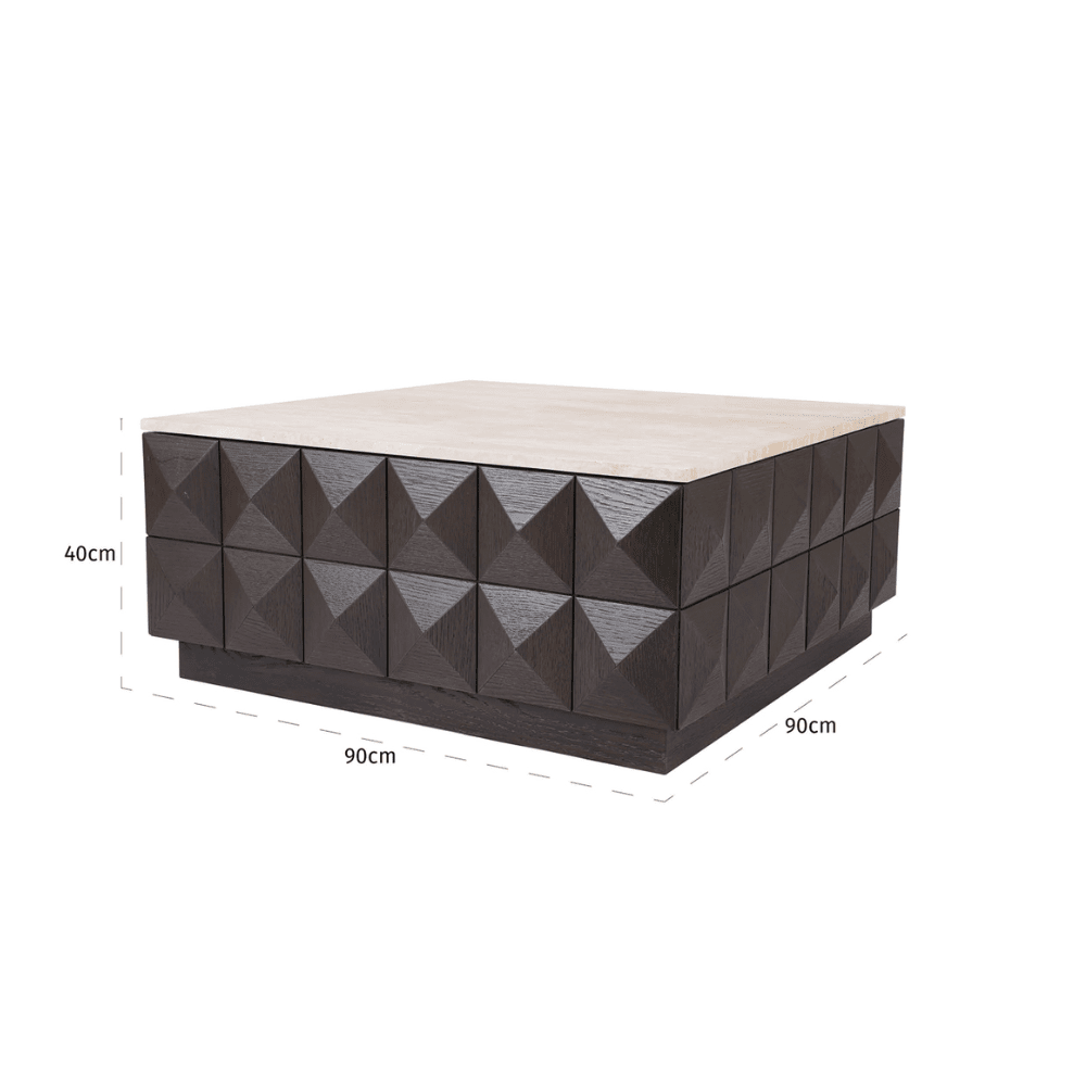 Tiefbrauner quadratischer Couchtisch mit Travertinplatte