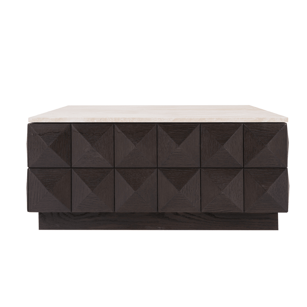 Tiefbrauner quadratischer Couchtisch mit Travertinplatte