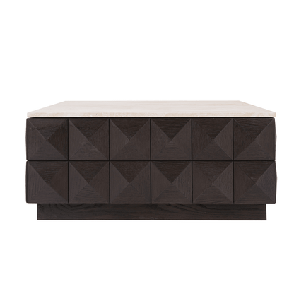 Tiefbrauner quadratischer Couchtisch mit Travertinplatte