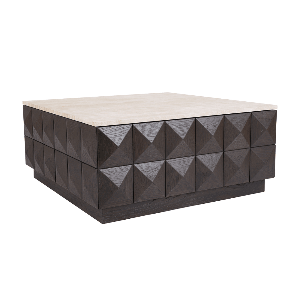 Tiefbrauner quadratischer Couchtisch mit Travertinplatte