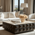 Tiefbrauner quadratischer Couchtisch mit Travertinplatte