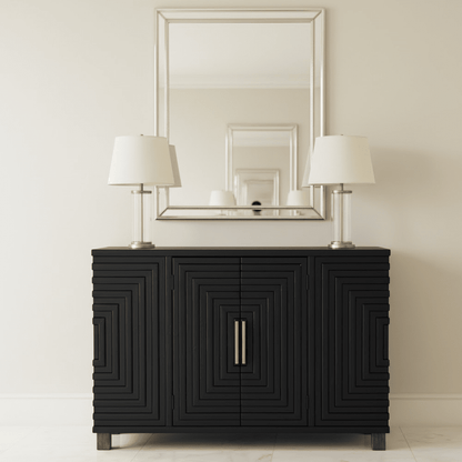 Schwarzes Sideboard mit 2 Türen und goldenen Griffen