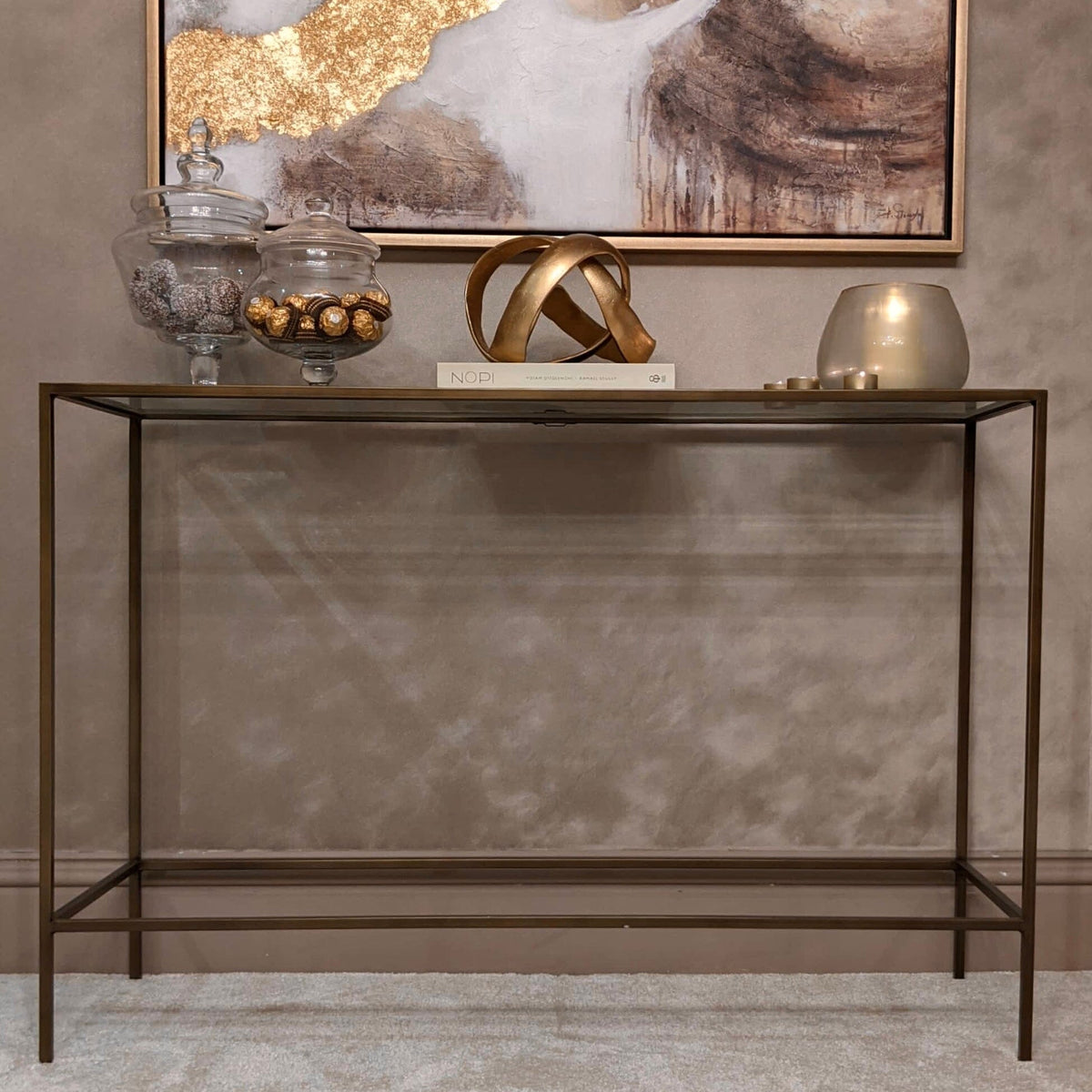 Bronze Konsolentisch mit Glasplatte