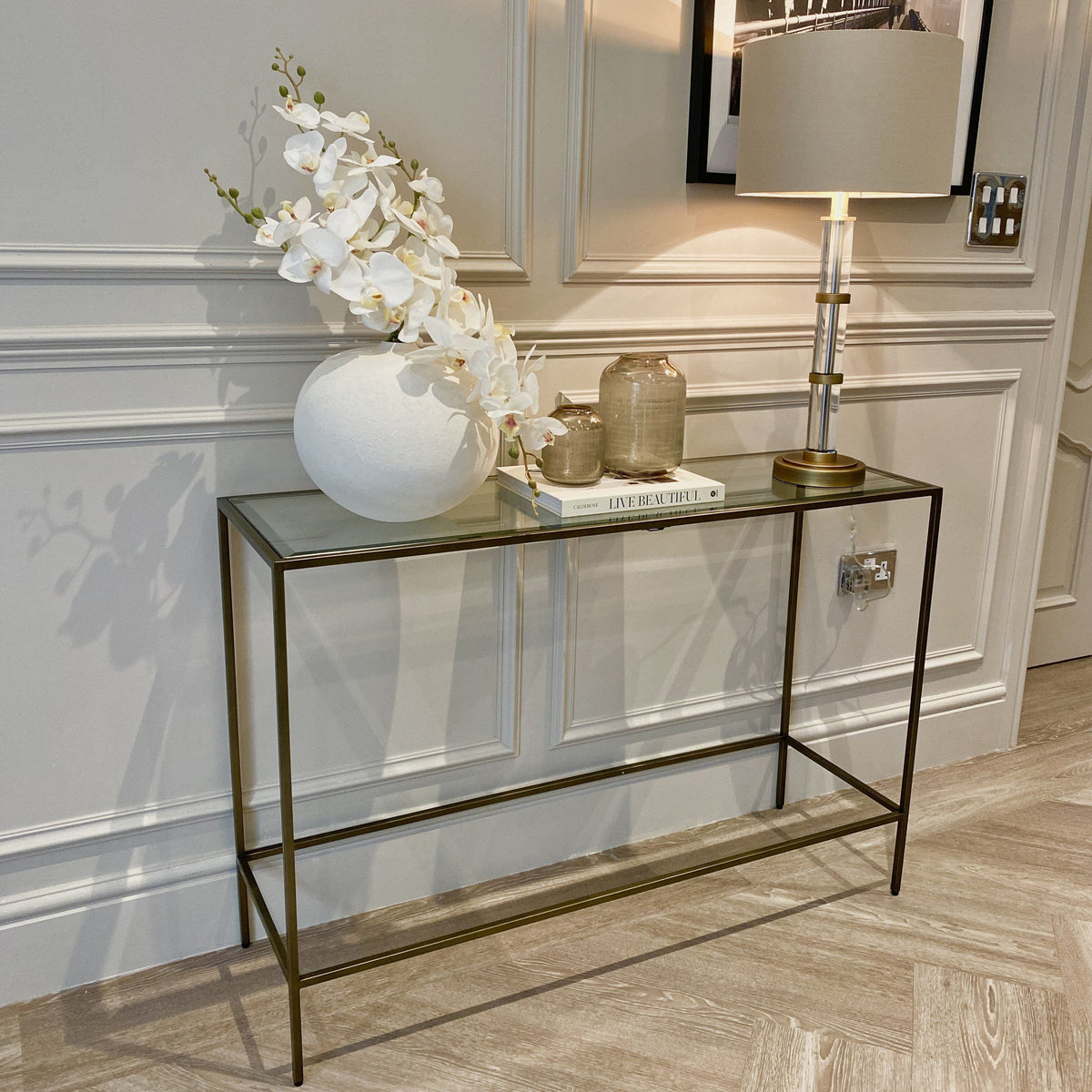 Bronze Konsolentisch mit Glasplatte