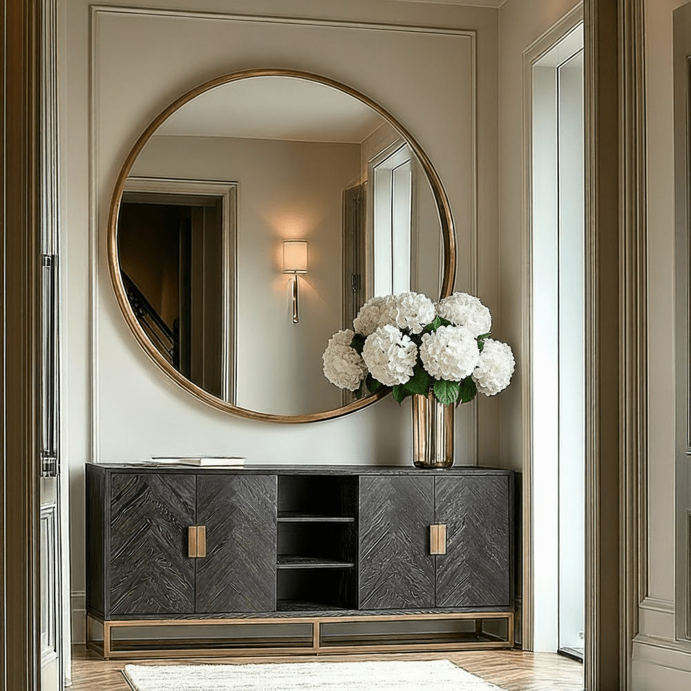 Schwarzes Chevron-Sideboard mit Messinggriffen