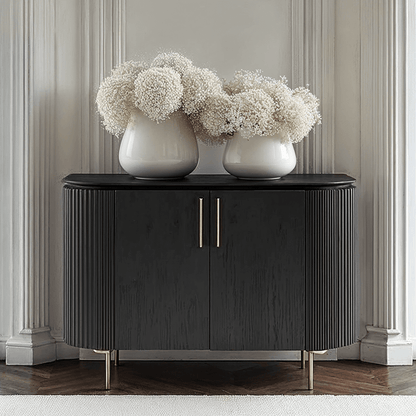 Geripptes, abgerundetes schwarzes Sideboard mit 2 Türen und Goldbeinen