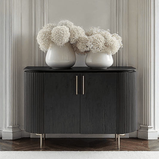 Geripptes, abgerundetes schwarzes Sideboard mit 2 Türen und Goldbeinen
