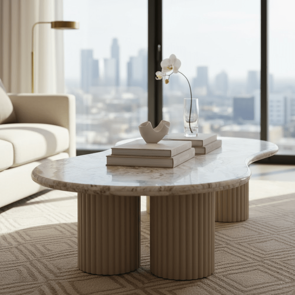 Couchtisch mit Steinform und Marmorplatte